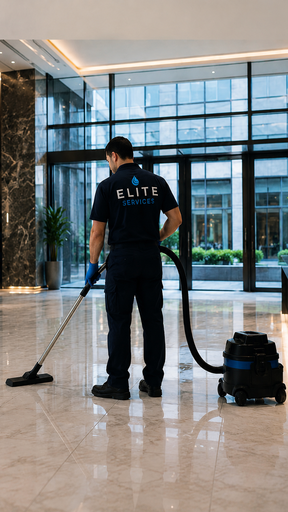 Professionnel de nettoyage Elite Clean Services en uniforme dans le hall d'un immeuble à Genève, Suisse