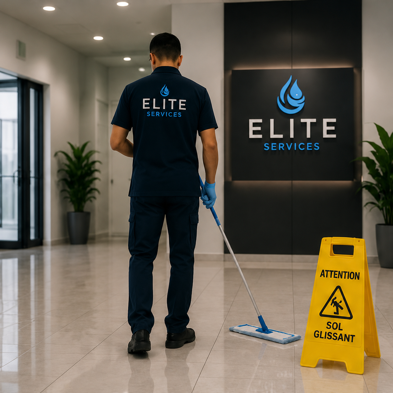 Agent de nettoyage Elite Clean Services avec panneau de signalisation sol glissant dans un hall d'immeuble à Genève